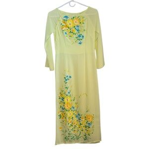 Vintage Ao Dai Yellow Hand Painted Floral Long Sleeve sheer Dress